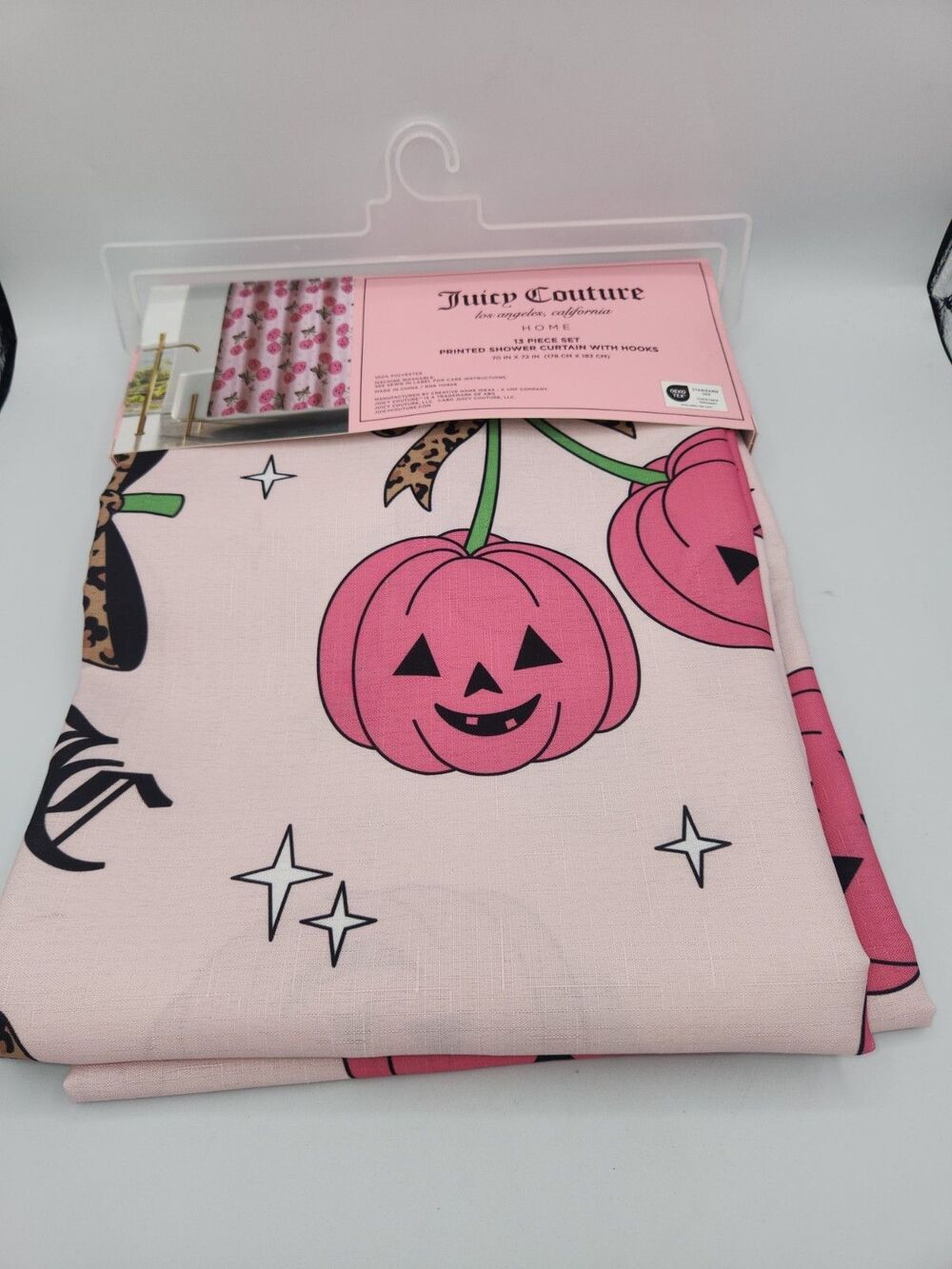 Juicy Couture Pink Halloween Pumpkin Bows Shower Curtain Set 13 Pc Gold Hooks